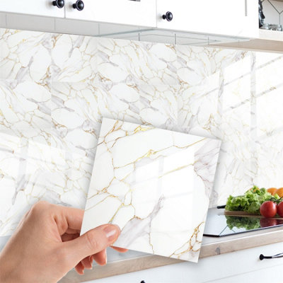 Glossy Marble Tile Stickers Thick Backsplash 24pcs 15cm(6") -Modern White