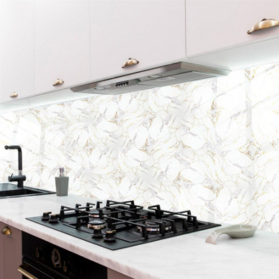 Glossy Marble Tile Stickers Thick Backsplash 24pcs 15cm(6") -Modern White