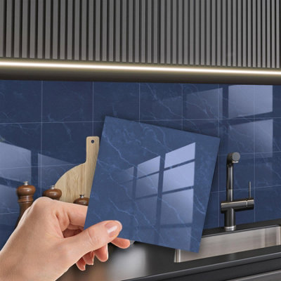 Glossy Marble Tile Stickers Thick Backsplash 24pcs 15cm(6") -Steel Blue