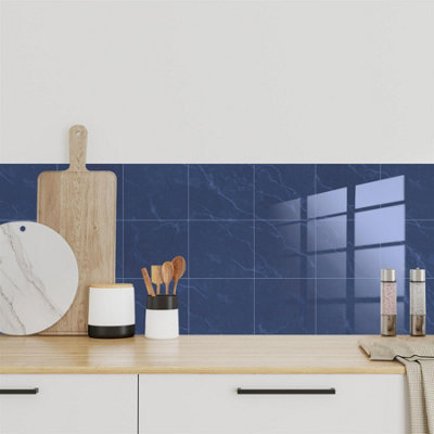 Glossy Marble Tile Stickers Thick Backsplash 24pcs 15cm(6") -Steel Blue