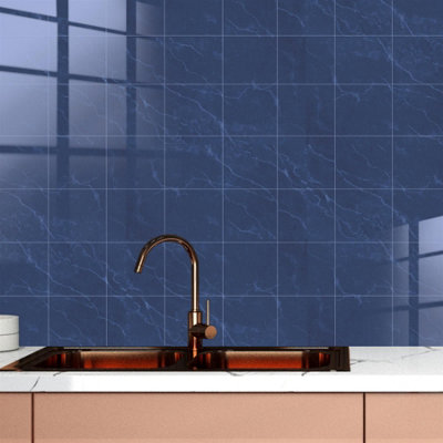 Glossy Marble Tile Stickers Thick Backsplash 24pcs 15cm(6") -Steel Blue - 3