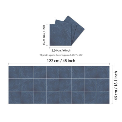 Glossy Marble Tile Stickers Thick Backsplash 24pcs 15cm(6") -Steel Blue - 5