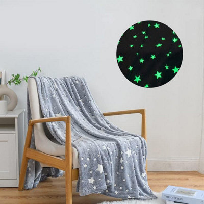 Glow in the Dark Flannel Throw Blanket Soft Plush Fleece with Moon & Stars Cozy, Warm & Luminous Gift for Kids & Adults (Grey)
