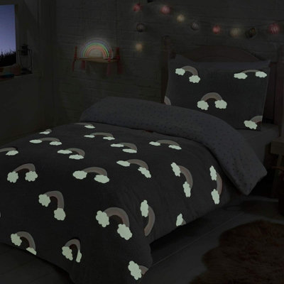 Glow In The Dark Rainbow Fleece Duvet Set Quilt Cover Pillowcase Childrens kids Double Bedding