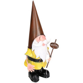 Gnome With Welcome Sign Garden Sculpture Ornament Statue Metal Decoration