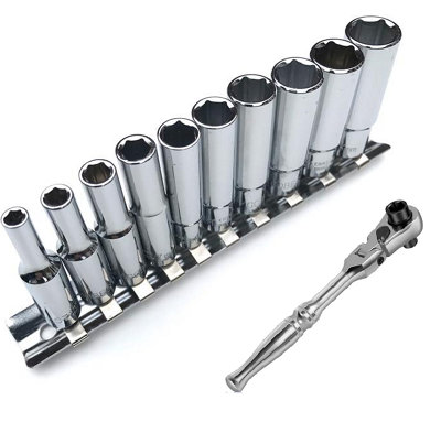 GOBEST 1/4" deep socket set 10pcs sizes 4-13mm and flexible mini ratchet 1/4"