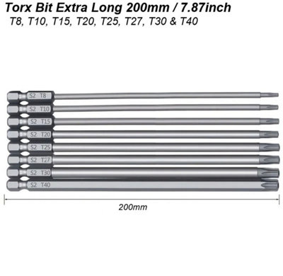 GOBEST extra long 200mm torx security screwdriver bits set 8pcs T8-T40 magnetic