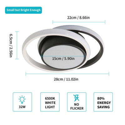 Goeco Modern Black Round Design LED Ceiling Lighting, 32W,6500K