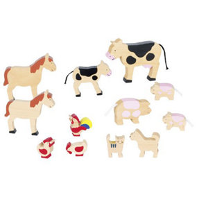 Goki Horse Cow Pig Cat Dog Chicken Wooden Farm Animals Figures Set