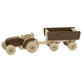 Goki Tractor w/ Trailer Push Along Vehicle Natural Wooden Toy