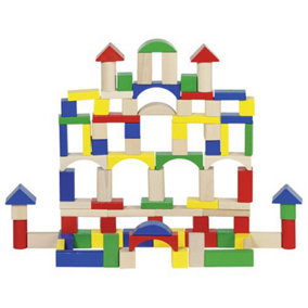 Goki Wooden Building Blocks Bucket w/ 100 Multi-Coloured Shaped Bricks