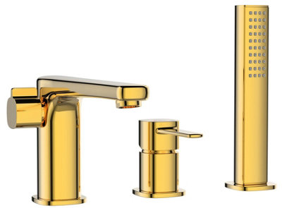 Gold 3-Hole Bath Tap Pull Out Shower Handle Space Saving Bathroom Mixer Faucet