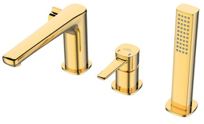 Gold 3-Hole Bath Tap Pull Out Shower Handle Space Saving Bathroom Mixer Faucet