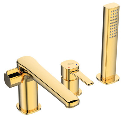 Gold 3-Hole Bath Tap Pull Out Shower Handle Space Saving Bathroom Mixer Faucet