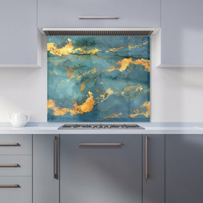 Gold And Azure Marble Effect Premium Glass Kitchen Splashback W600mm x H750mm