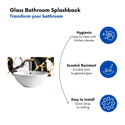 Gold And Black Marble Effect Glass Bathroom Splashback