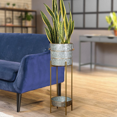 Gold Band Floor Standing Hallway Indoor Outdoor Garden Planter with Tray (Dia) 84.5cm, (H)26cm