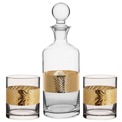 Gold Band Wine Whiskey Decanter and Two Tumbler Set Father's Day Gifts Ideas