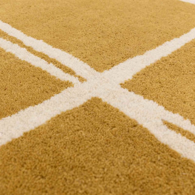 Gold Chequered Wool Modern Shaggy Handmade Rug For Living Room Bedroom & Dining Room-120cm X 170cm