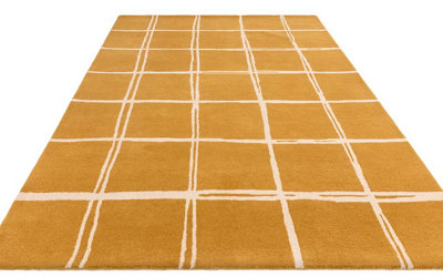 Gold Chequered Wool Modern Shaggy Handmade Rug For Living Room Bedroom & Dining Room-120cm X 170cm