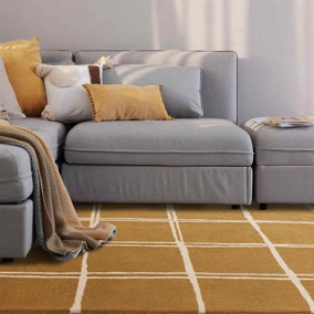 Gold Chequered Wool Modern Shaggy Handmade Rug For Living Room Bedroom & Dining Room-160cm X 230cm