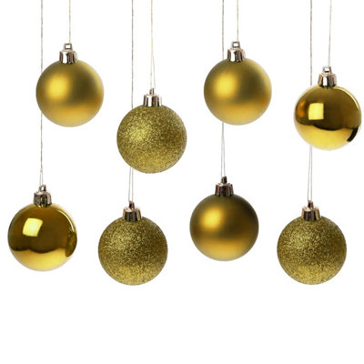 Gold Christmas Baubles Set 10 Medium Shatterproof Glitter Multi Finish (Dia 60mm)