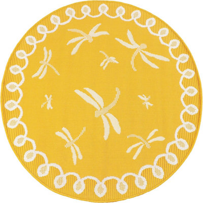 Gold Dragonfly Garden Patio Rug - Weatherproof, Mould & Mildew Resistant Indoor Outdoor Mat - Round 120cm Diameter