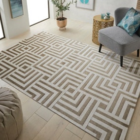 Gold Easy to clean Chequered , Geometric Modern Rug for Living Room, Bedroom - 160cm X 230cm