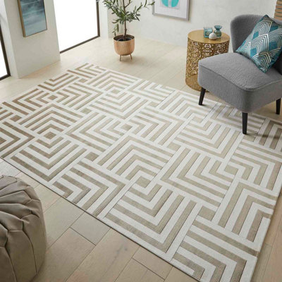Gold Easy to clean Chequered , Geometric Modern Rug for Living Room, Bedroom - 160cm X 230cm