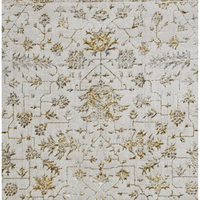 Gold Grey Abstract Bordered 8mm Pile Rug for Bedroom, Living, Dining ...
