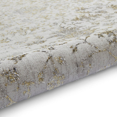 Gold Grey Abstract Bordered 8mm Pile Rug for Bedroom, Living, Dining ...