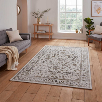 Gold Grey Abstract Bordered 8mm Pile Rug for Bedroom, Living, Dining Room, Easy to Clean Traditional Rug-160cm X 230cm