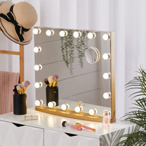 Gold Hollywood Rectangle Metal Makeup Mirror with 18 LED Bulbs Touch Control Dimmable 58 x 48.5 cm
