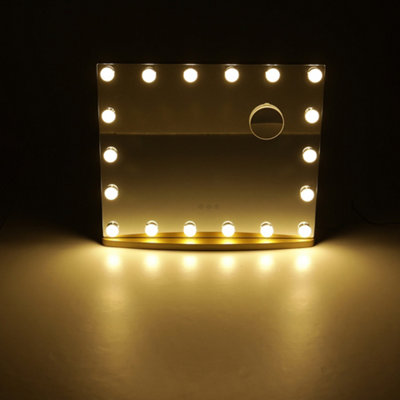 Gold Hollywood Rectangle Metal Makeup Mirror with 18 LED Bulbs Touch Control Dimmable 58 x 48.5 cm