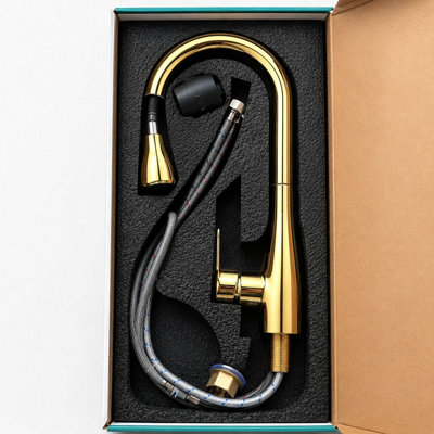 Gold Kitchen Mixer Tap with Pull-Out Spray Hose - 2 Spray Modes, 360 Degrees Swivel Spout & Fittings