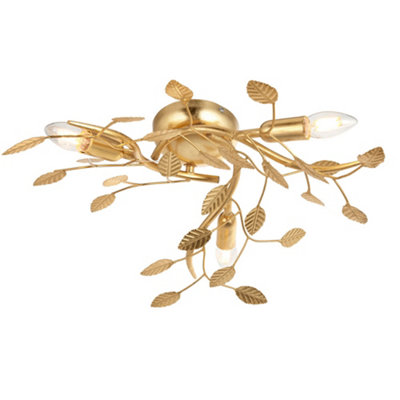 Gold Leaf Flush Ceiling Light - 3 Bulb Decorative Fitting - Low Profile Lighting