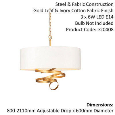 Gold Leaf Ribbon Ceiling Pendant Light & Ivory Shade 3 Bulb Hanging ...