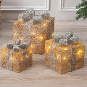 Gold Light Up Christmas Parcels LED Presents Battery Operated Timer Set of 3 (Champagne)
