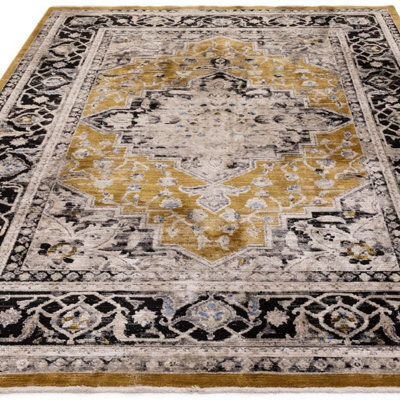 Gold Luxurious Traditional Bordered Easy To Clean Rug For Living Room Bedroom & Dining Room-120cm X 166cm