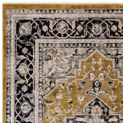 Gold Luxurious Traditional Bordered Easy To Clean Rug For Living Room Bedroom & Dining Room-120cm X 166cm