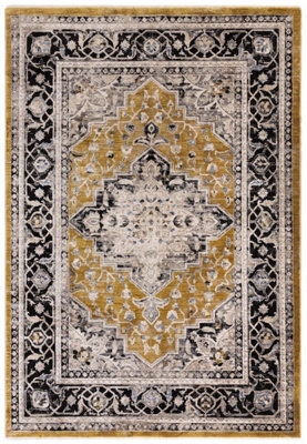 Gold Luxurious Traditional Bordered Easy To Clean Rug For Living Room ...