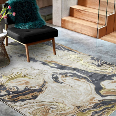 Gold Modern Easy to Clean Abstract Rug For Dining Room Bedroom And ...