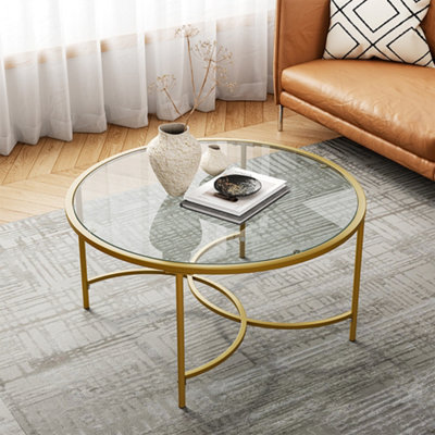 Gold Modern Round Tempered Glass Coffee Table for Living Room Dia 800 ...