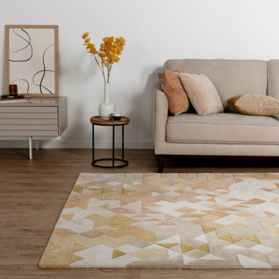 Gold Multi Geometric Optical/ (3D) ,Handmade Modern Rug Easy to clean ...