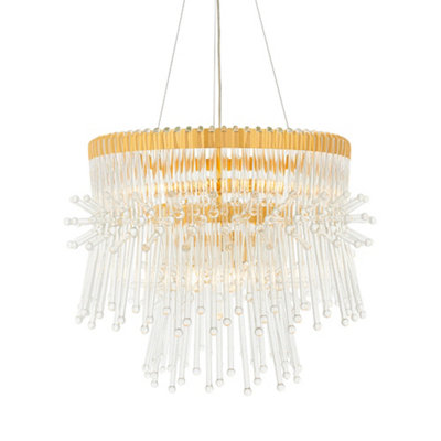 Gold Plated Ceiling Chandelier - Glass Detailing - 9 Bulb Pendant Light Fitting