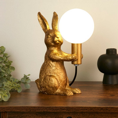 Gold Rabbit Sculptural Table Lamp with Decorative Globe Light