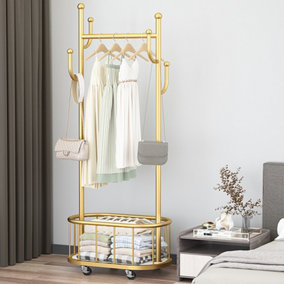 Gold Rolling Metal Garment Rack with Basket and Hooks 173 cm