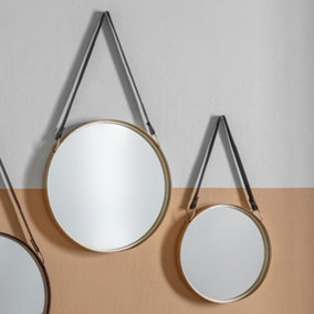 Gold Round Wall Mirrors With Hanging Strap (Set of 2) - SE Home
