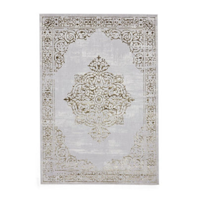 Gold Silver Rug, Traditional Bordered Rug, 11mm Thick Abstract Rug, Gold Silver Rug for Dining Room-120cm X 170cm