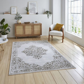 Gold Silver Traditional Abstract Bordered Easy To Clean Rug For Living Room Bedroom & Dining Room-120cm X 170cm